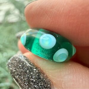 Trollbeads Green Glass Bead w/ Light Blue Dots • Sterling Silver Core • LAA S925